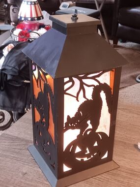 Black Metal Halloween Lantern with Orange Panels and Cat Pumpkin Cutouts